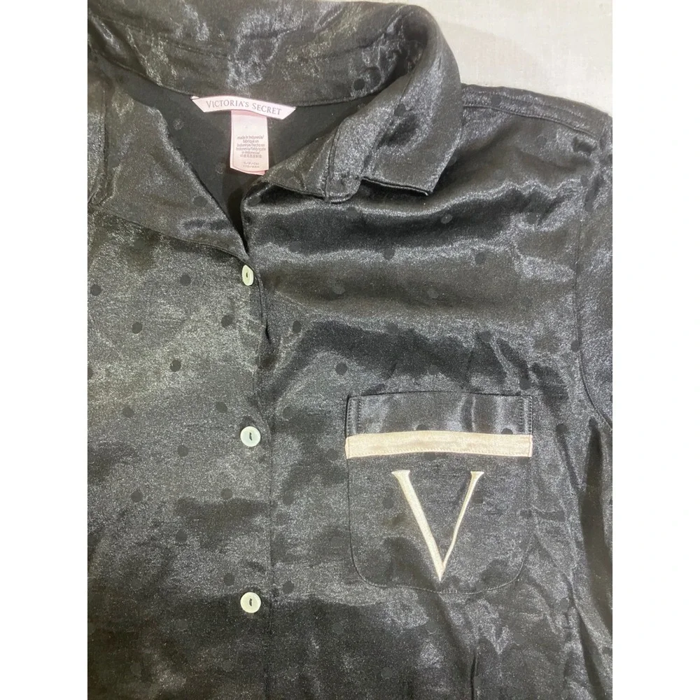 Victorias Secret Black Polka Dot Satin Pajama Set Long Sleeve Button Down‎ Small